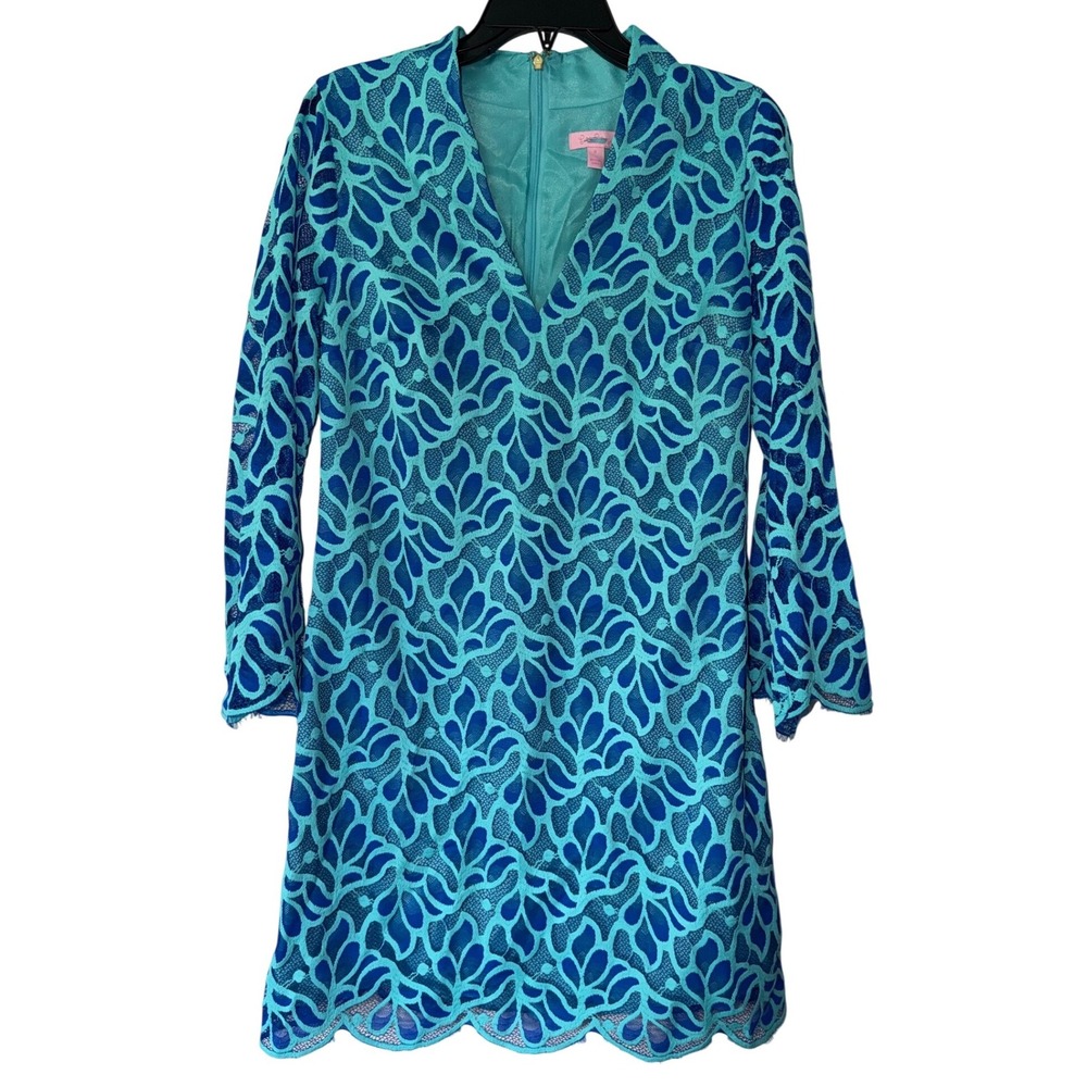 Lilly Pulitzer Devina Brewster Flora Blue Turquoise Lace V-Neck‎ Shift Dress 8